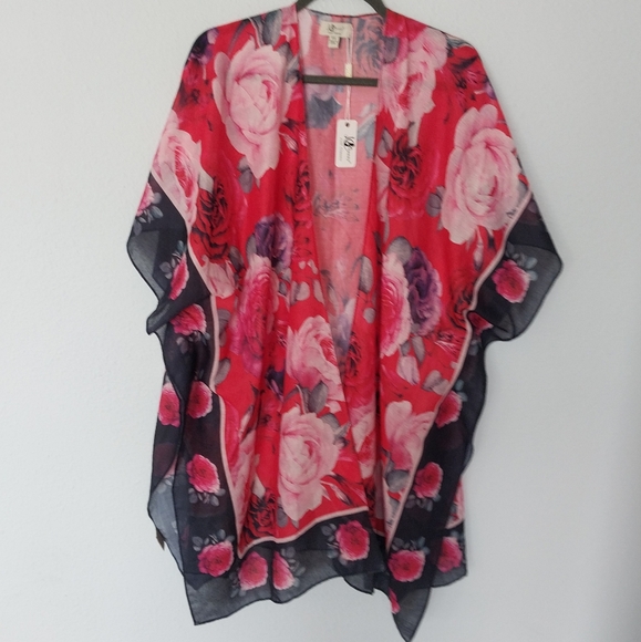 JC Sunny Red and Pink Rose Print Swim Cover Up Loungewear NWT - Picture 1 of 8